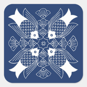 Adesivo Quadrado Design de Peixes Submarinos com Fundo Azul