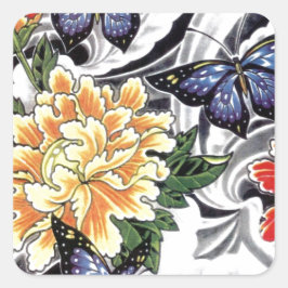 Adesivo Quadrado Design de Peony Amarelo e de Tatuagem de Borboleta