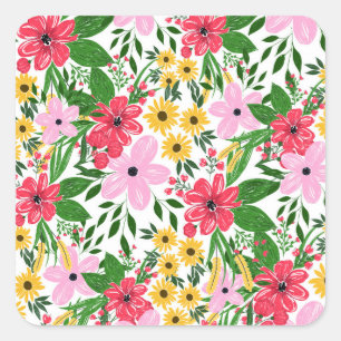 Adesivo Quadrado Design de Pintura de Mão Floral Primavera, Vermel