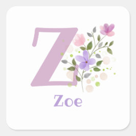 Adesivo Quadrado Design de Zoe e Flores do Nome de Adição Inicial