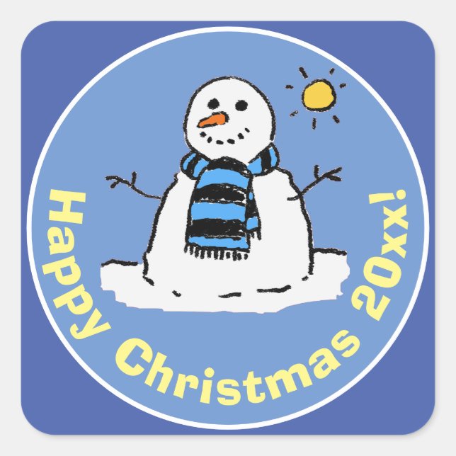 Adesivo Quadrado Design Divertido de Natal com Boneco de Neve (Frente)