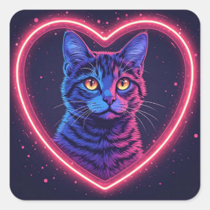Adesivo Quadrado Design do Coração de Gato Neon - Amor de Gatinho B
