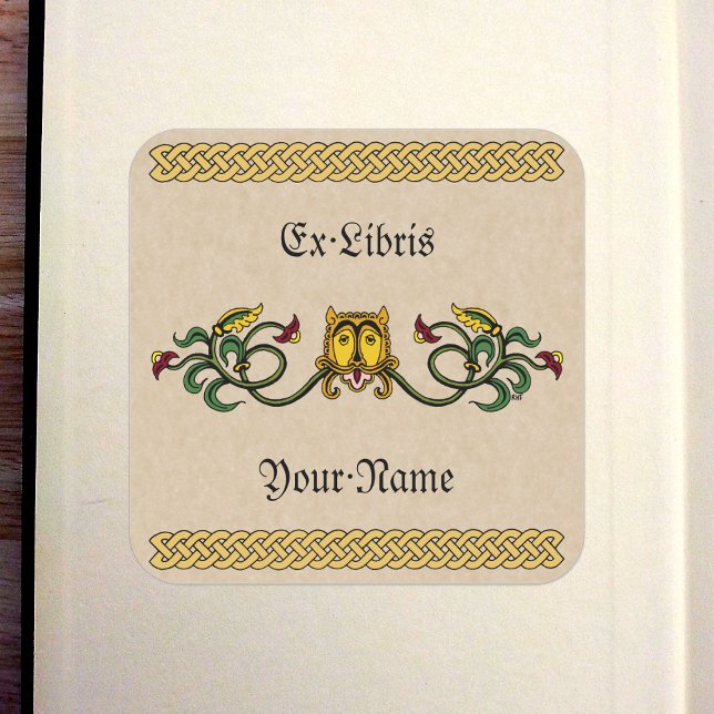 Adesivo Quadrado Design do Leão Medieval (Medieval Lion Design Bookplate)