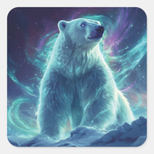 Adesivo Quadrado Design do Urso Polar Majestoso com Luzes Nortes
