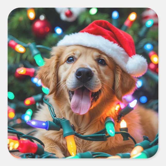 Adesivo Quadrado Design Engraçado de Natal de Golden Retriever – Ca (Frente)