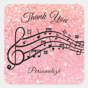 Adesivo Quadrado Design Personalizado Obrigado Música Brilho Rosa