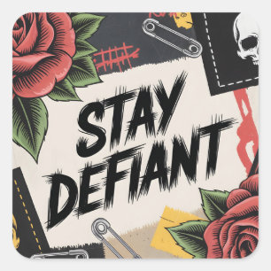 Adesivo Quadrado Design Rebelde: "Permaneça Defiante" Slogan Punk