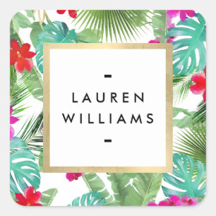 Adesivo Quadrado Designer de Aquarela de Impressão Tropical Chic