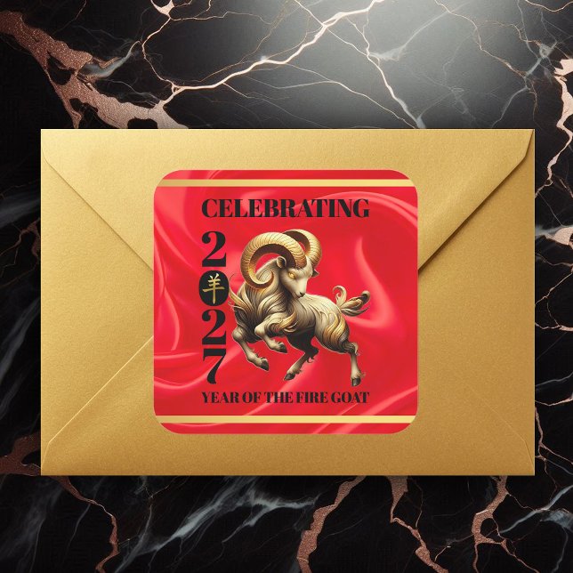 Adesivo Quadrado Deslumbrante Ano Novo Chinês do Bode de Fogo Verme (Stunning Chinese Year of the Fire Goat 2027 Square Sticker Cover Photo)