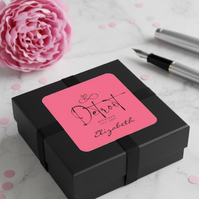 Adesivo Quadrado Detroit Michigan Est 1701 "Your Name" Rosa (Detroit Michigan Est 1701 "Your Name" Pink Square Sticker)