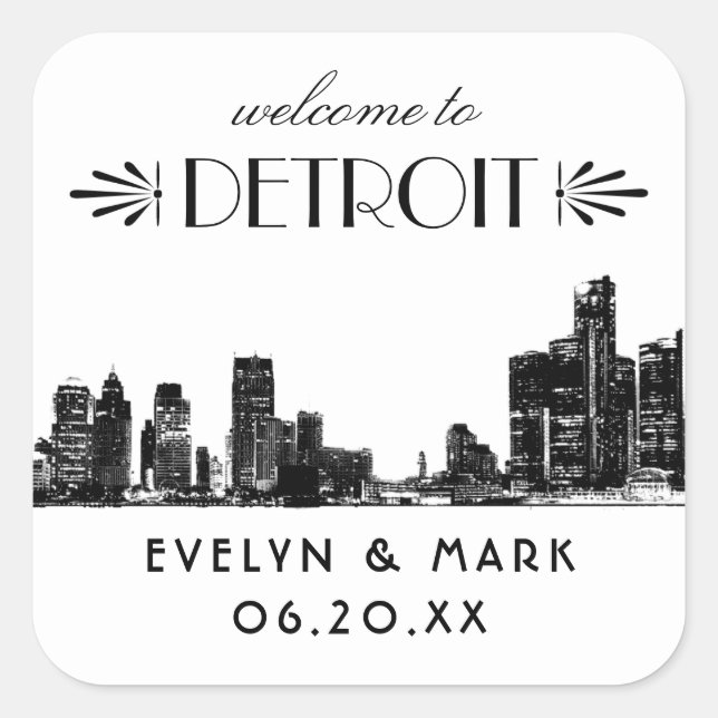 Adesivo Quadrado Detroit Skyline Black Art Deco Casamento Bem-Vindo (Frente)