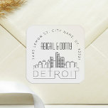 Adesivo Quadrado Detroit Wedding | Selo de Envelope Pré-Endereçado<br><div class="desc">Economize tempo e faça uma impressão ao enviar seus convites de casamento. Estes adesivos pré-endereçados com selo de envelope apresentam-se num elegante, mas moderno estilo deco-temático e apresentam uma ilustração da cidade de Detroit e do seu horizonte único. As cores neutras são adequadas para complementar uma variedade de convites de...</div>