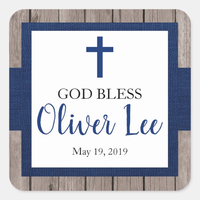 Adesivo Quadrado Deus abençoe Rustic Boy Baptism Favor (Frente)