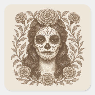 Adesivo Quadrado Dia da Morte da Catrina Aztec Marigold Drawing