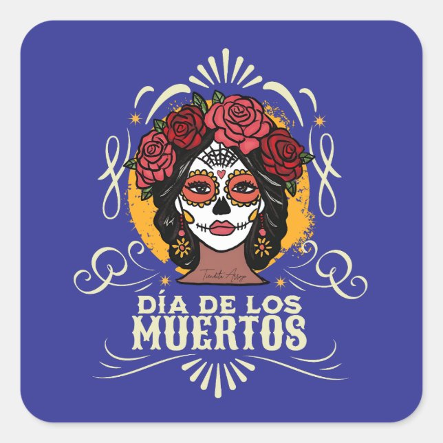 Adesivo Quadrado Día de los Muertos Catrina con Rosas (Frente)