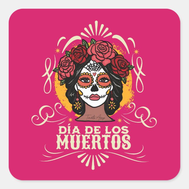 Adesivo Quadrado Día de los Muertos Catrina con Rosas (Frente)
