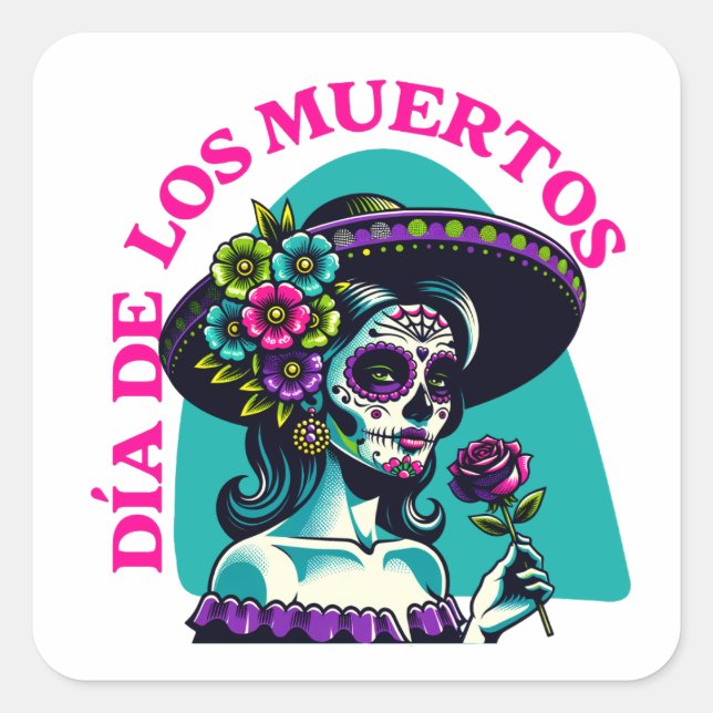 Adesivo Quadrado Día de los Muertos Catrina Rose Pop Art (Frente)