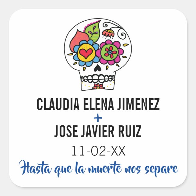 Adesivo Quadrado Dia de Los Muertos, Sticker de Casamento Quadrado (Frente)