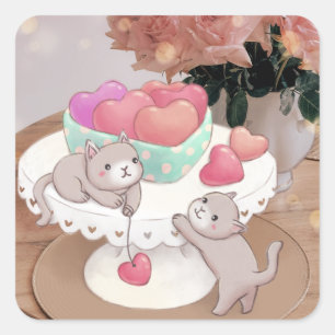 Adesivo Quadrado Dia de os namorados: Gatos, Cookies Cardíacos E Fl