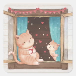 Adesivo Quadrado Dia de os namorados: Ilustração de Gatos e Coraçõe