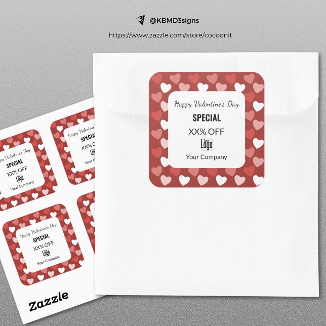 Adesivo Quadrado Dia de os namorados Moderno Vermelho Branco Branco (Modern Valentine's Day Special Red White Black Square Sticker)