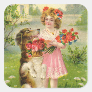 Adesivo Quadrado Dia de os namorados Vintage Girl and Dog
