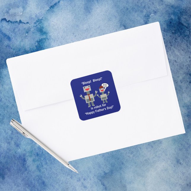 Adesivo Quadrado Dia de os pais do Son Robot Engraçado (A Father's Day sticker with a dad robot and a son robot.)
