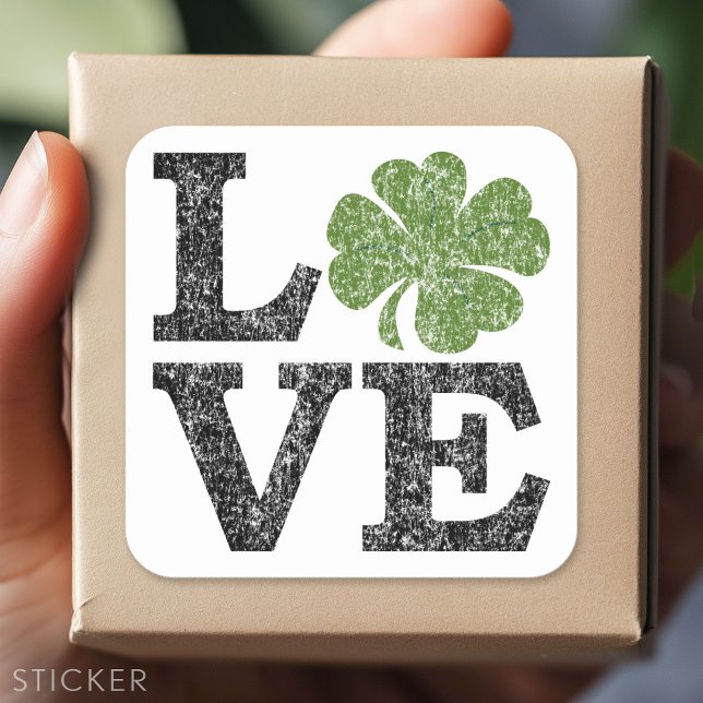 Adesivo Quadrado Dia de São Patrício AMOR com shamrock (Custom Sticker - Personalize with your info for a party favor or gift)