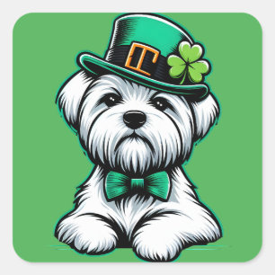 Adesivo Quadrado Dia de São Patrício de Cão Maltês de Shamrock Iris