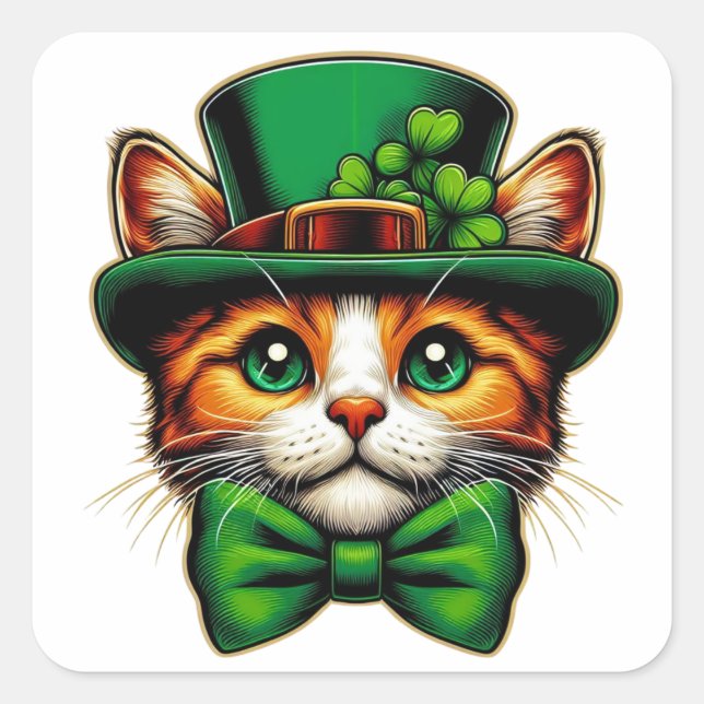 Adesivo Quadrado Dia de São Patrício, gato/gatinho (Frente)