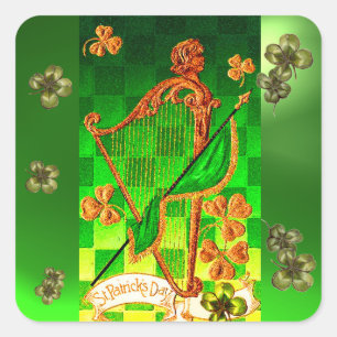 Adesivo Quadrado Dia de São Patrício IRLANDÊS HARP, VERDE DOURAD