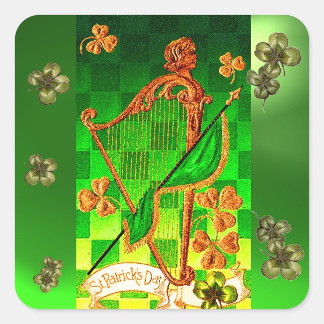 ADESIVO QUADRADO DIA DE SÃO PATRÍCIO IRLANDÊS HARP, VERDE DOURADO S (Frente)