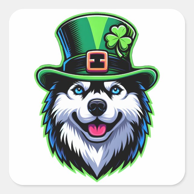 Adesivo Quadrado Dia de São Patrício Irlandês Shamrock Siberian Hus (Frente)