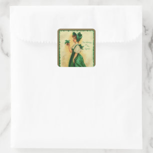 Adesivo Quadrado Dia de São Patrício Vintage Moça Vestindo Verde