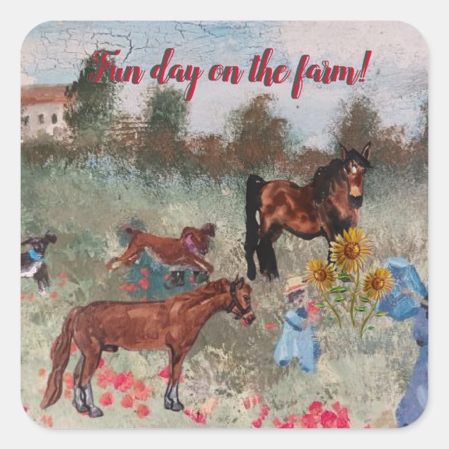 Adesivo Quadrado dia divertido na fazenda (Frente)