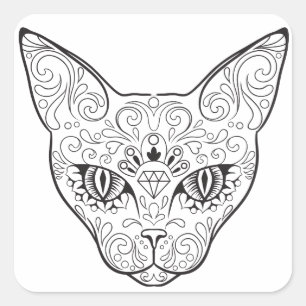 Adesivo Quadrado Dia do crânio   do açúcar da cara do gatinho do