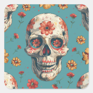 Adesivo Quadrado Dia do design morto com crânio e flores