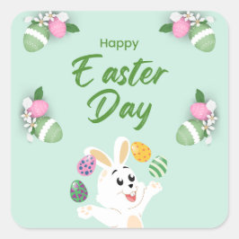 Adesivo Quadrado Dia do felz pascoa - Páscoa Engraçado De Coelhinho