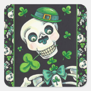 ADESIVO QUADRADO DIA DO LEPRECHAUN MORTO, RUA. PADDY'S DAY SKULL