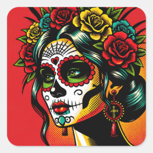 Adesivo Quadrado Dia dos mortos Rosas Catrina mexicanas