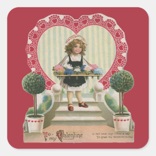Adesivo Quadrado Dia dos Namorados Fofo Vintage, Menina com Flores