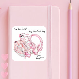 Adesivo Quadrado Dia dos Namorados Menina Adolescente Rosa Aquarela