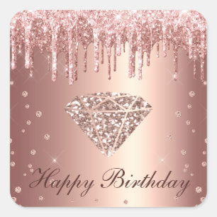 Adesivo Quadrado Diamante Brilho Dourado Rosa Feliz Aniversário