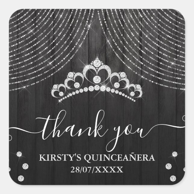 Adesivo Quadrado Diamante prateado Tiara em madeira negra Quinceane (Frente)