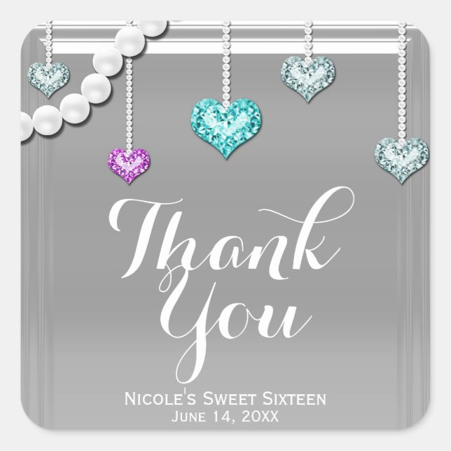 Adesivo Quadrado Diamantes e Pérolas Bling Joias Silver Glam Party (Frente)