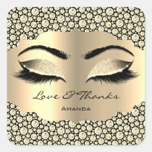 Adesivo Quadrado Diamond Dourado Lashes Nome Cleaner Love & Obrigad