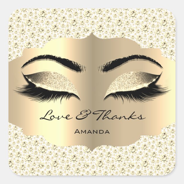 Adesivo Quadrado Diamond Dourado Lashes White Cleaner Love & Obriga (Frente)