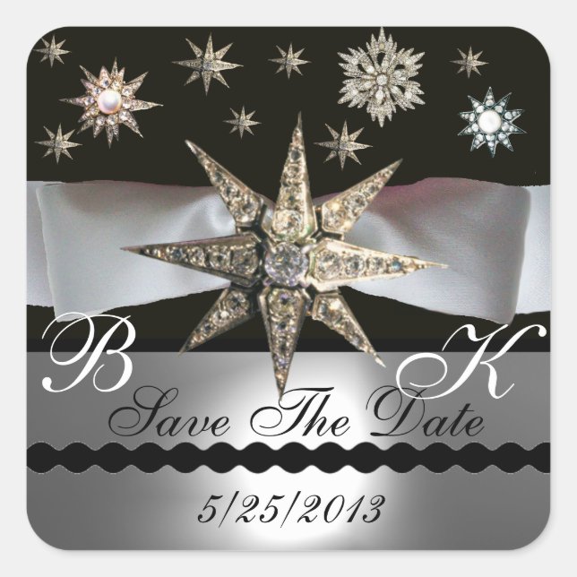 ADESIVO QUADRADO DIAMOND STARS BLACK WHITE RIBBON MONOGRAM (Frente)