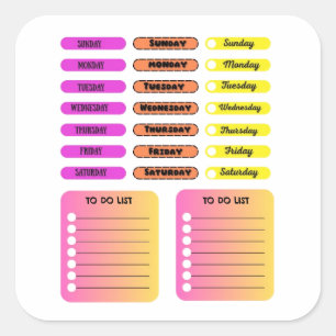 Adesivo Quadrado Dias da Semana Personalizados Coloridos Semanais P