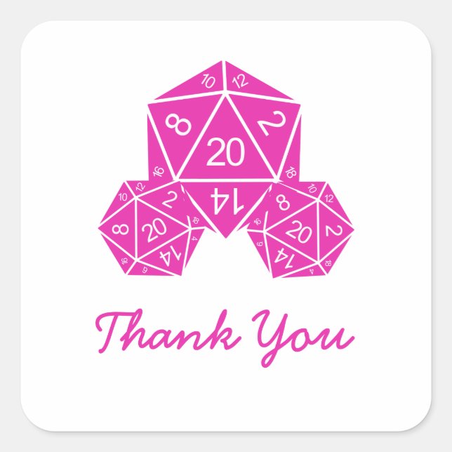 Adesivo Quadrado Dice D20 Rosa, Obrigado, palitos (Frente)